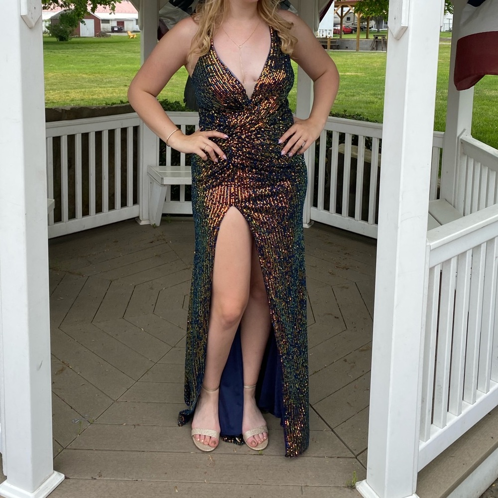 Navy and Gold Sequin Sleeveless Cocktail Gown